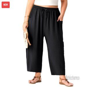 Plus Size Cropped Wide Leg Pants Drawstring Pockets Lightweight Summer Boho